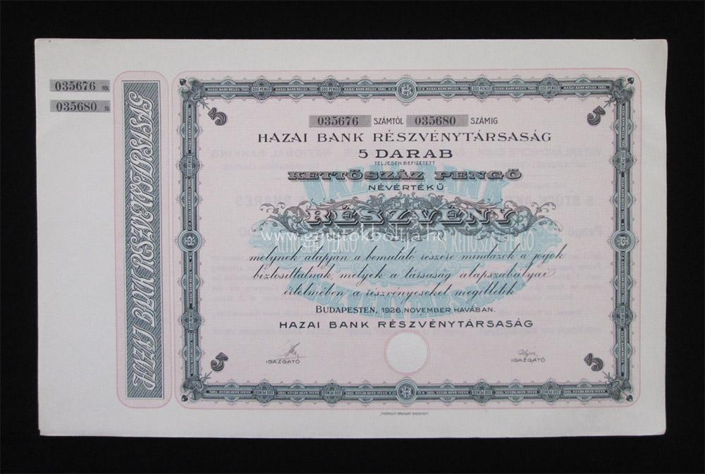 Hazai Bank Rt. részvény 5x40 pengő 1926